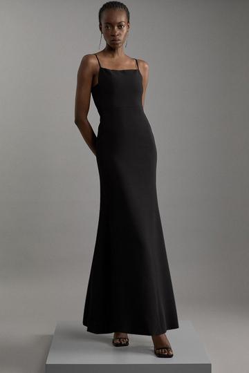 Black Compact Stretch Viscose Tailored Square Neck Maxi Dress