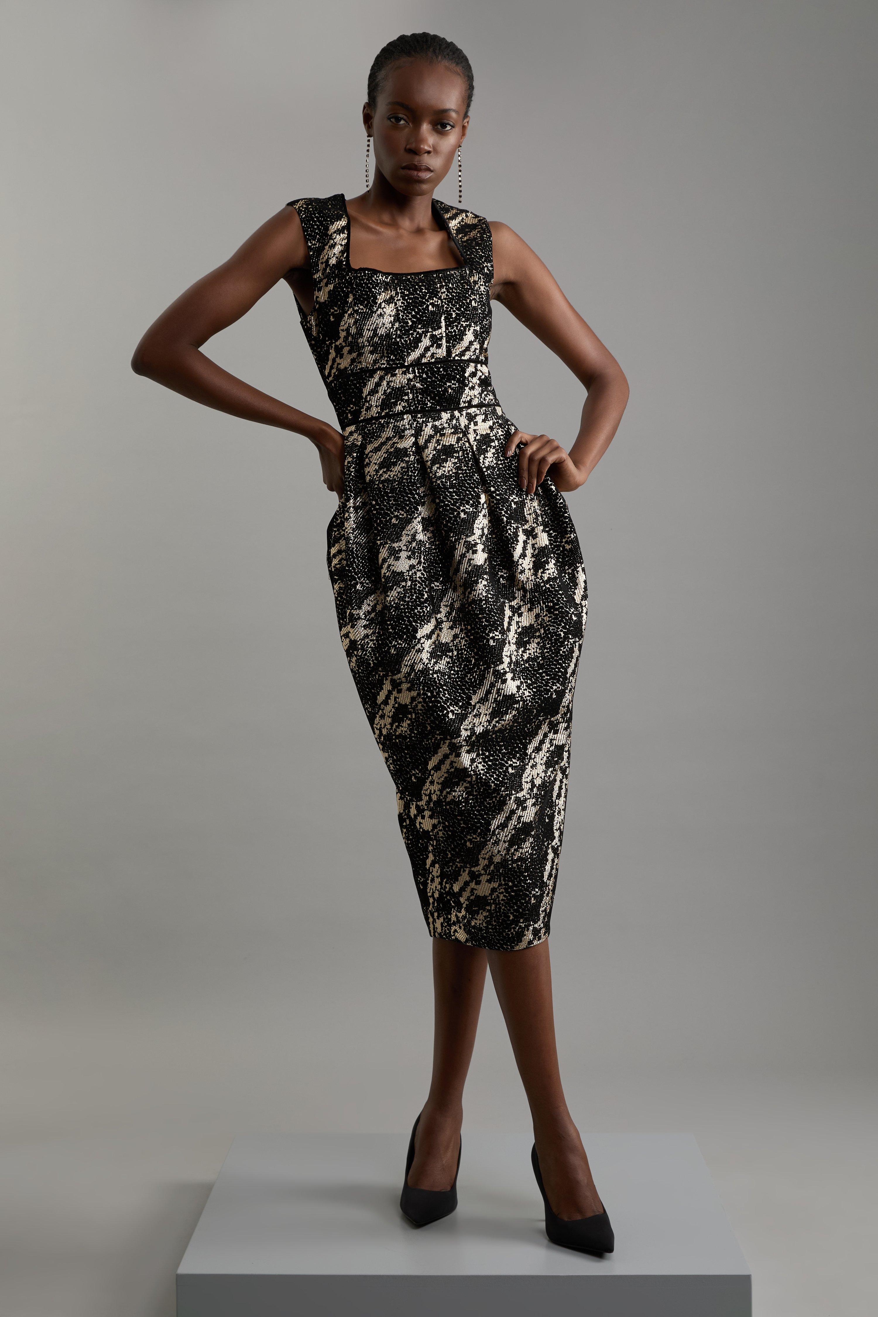 Petite Metallic Velvet Jacquard Tailored Square Neck Midi Dress - Discount £60