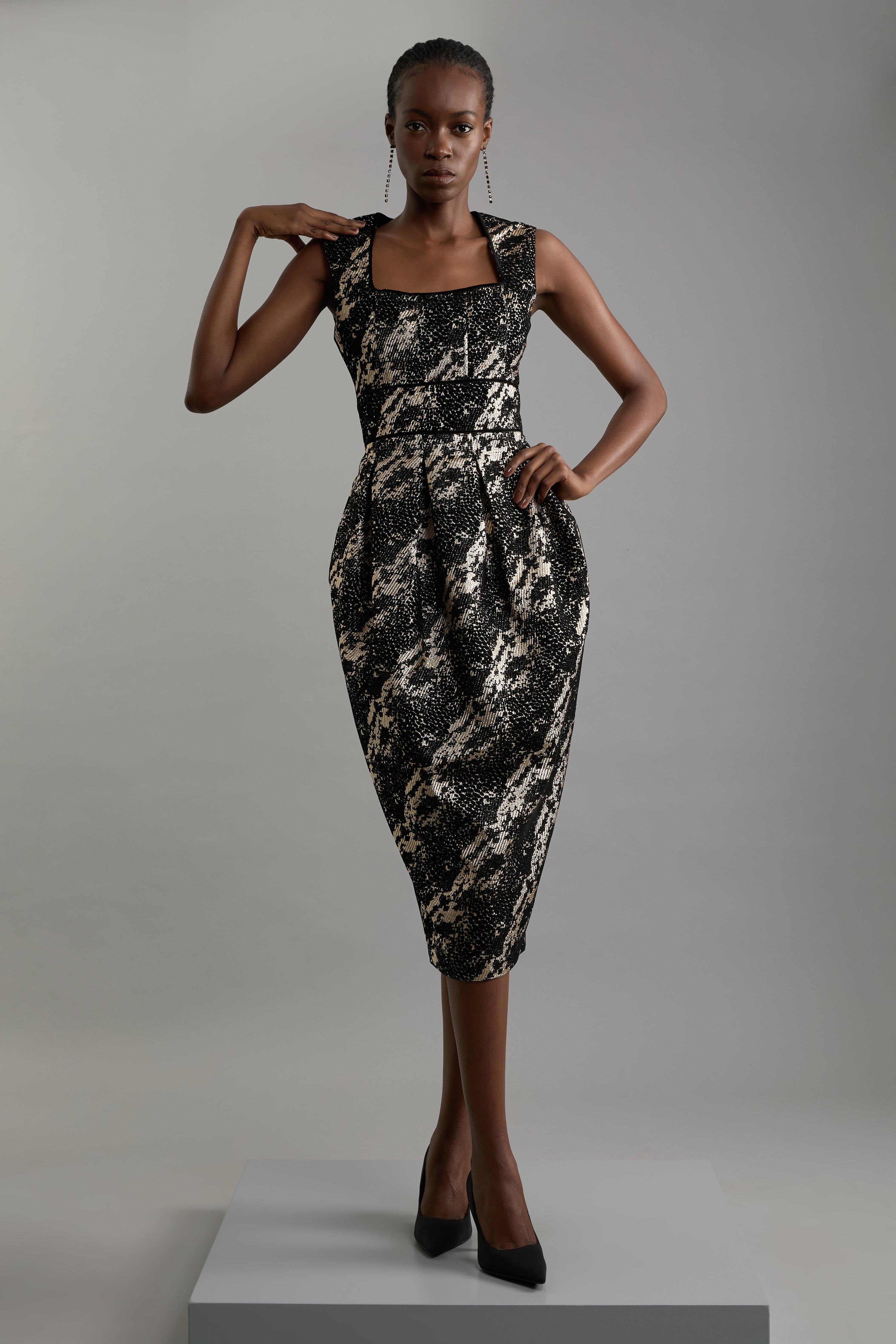 Metallic Velvet Jacquard Tailored Square Neck Midi Dress - Discount £60