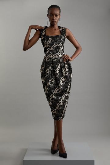 Black Metallic Velvet Jacquard Tailored Square Neck Midi Dress