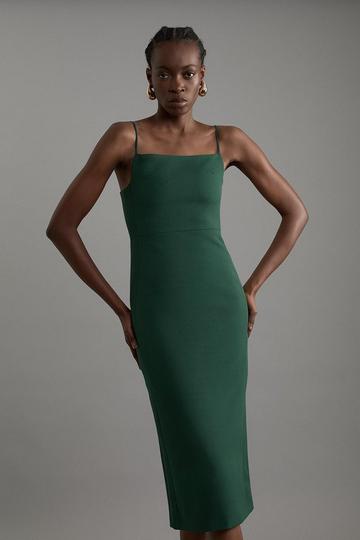 Structured Crepe Tailored Square Neck Midi Dress forest