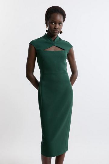 Petite Structured Crepe Tailored Cape Pencil Midi Dress forest