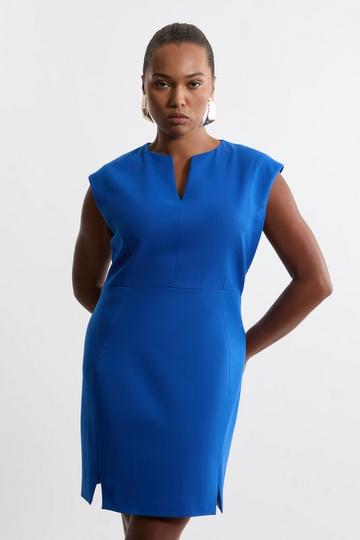 Plus Size Structured Crepe Tailored Full Skirted Belted Midi Dress cobalt