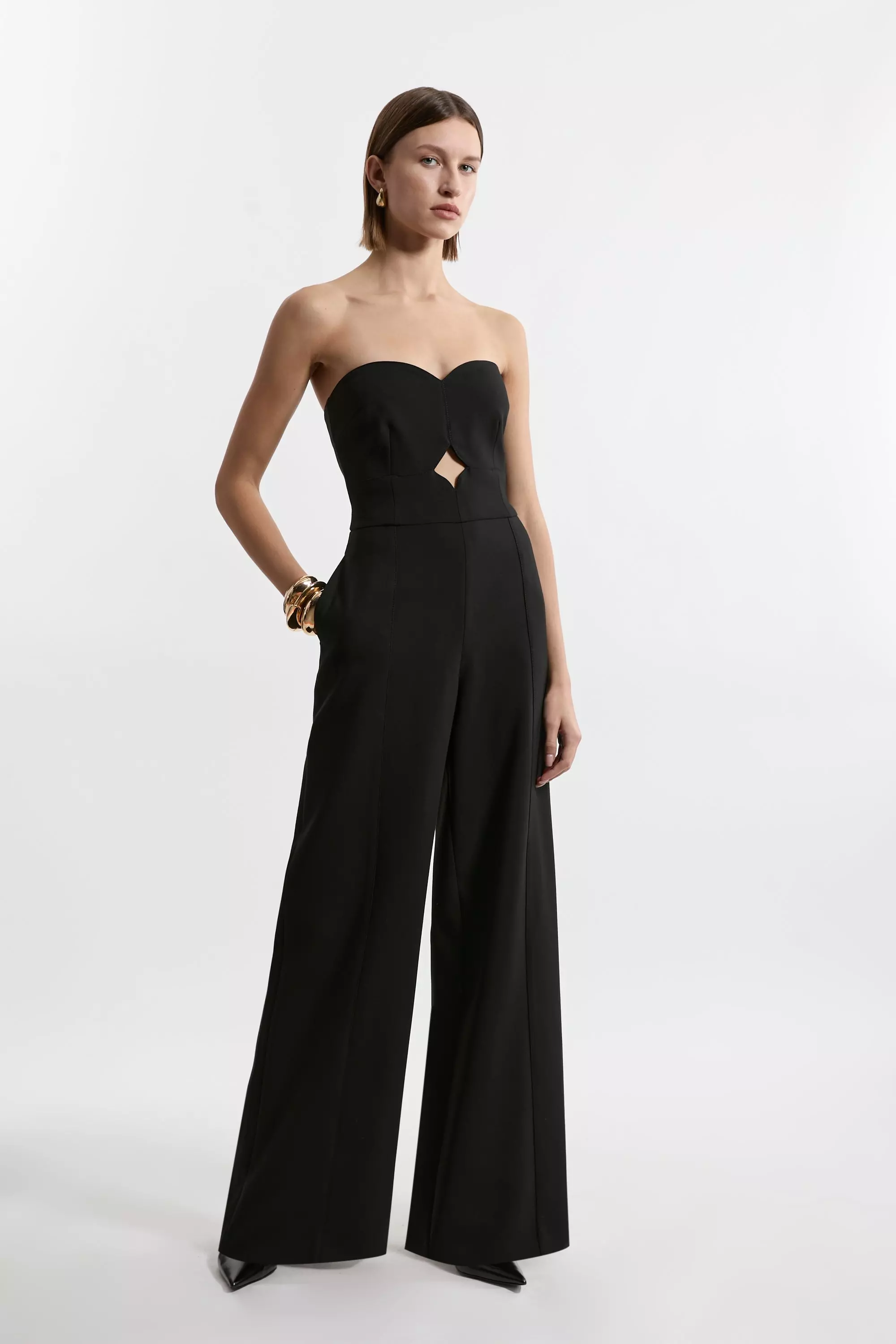 Karen Millen Womens Compact Stretch Bandeau Tailored Wide Leg Jumpsuit Black Size 10