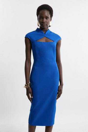 Structured Crepe Tailored Cape Pencil Midi Dress cobalt