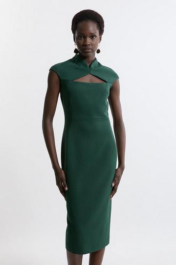 Structured Crepe Tailored Cape Pencil Midi Dress forest