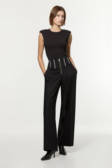 Black Tailored Contrast Tipped Stitch Detail Straight Leg Trouser