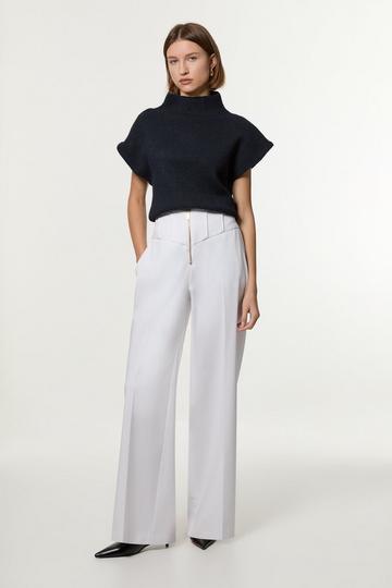 Tailored Contrast Tipped Stitch Detail Straight Leg Pants ivory