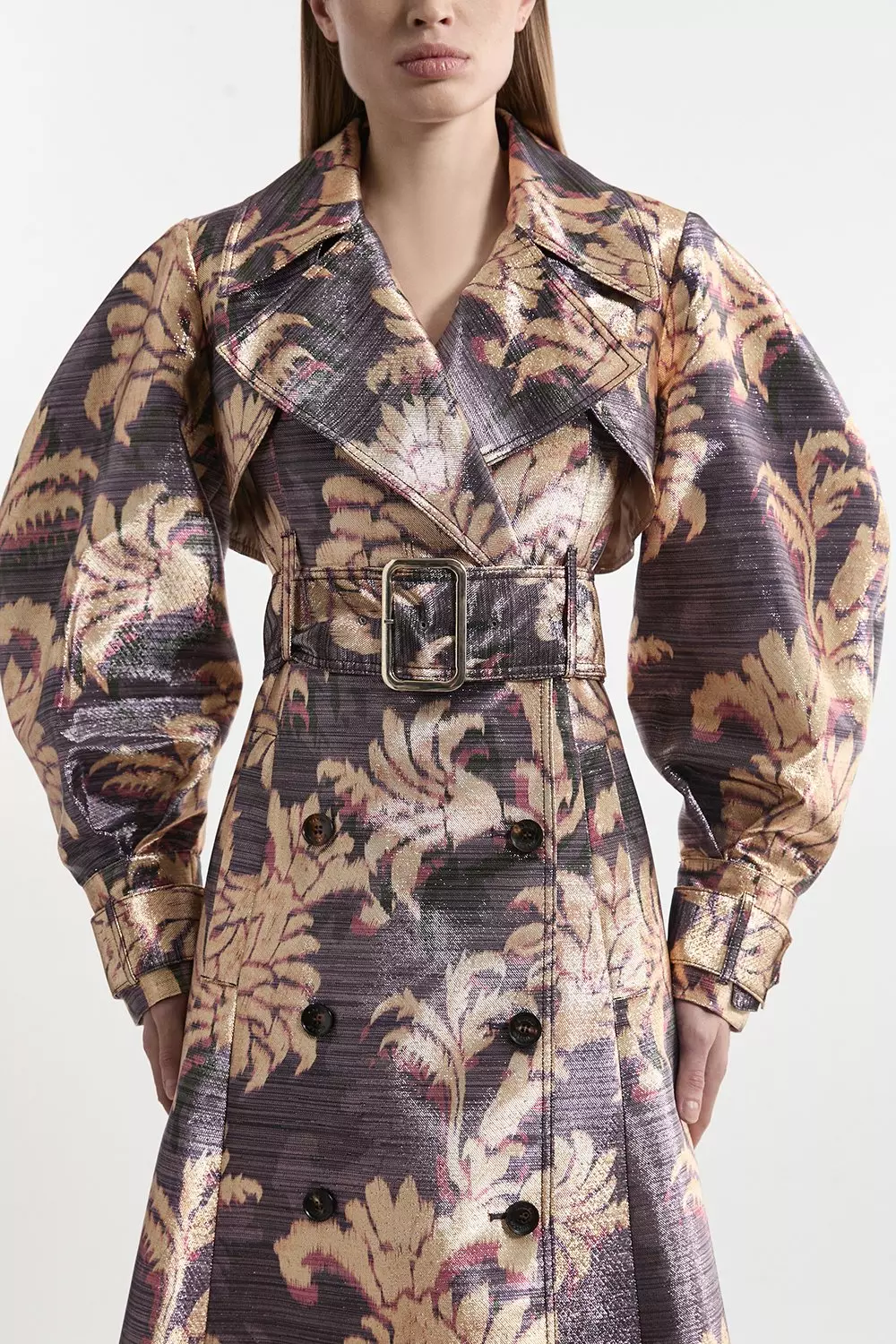 【KAREN MILLEN】プチメタリックフローラルトレンチマキシコート Petite Metallic Floral Tailored Trench Maxi Coat | Karen Millen