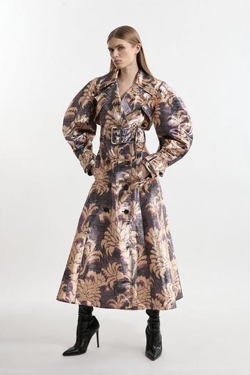 Metallic Floral Tailored Trench Maxi Coat floral