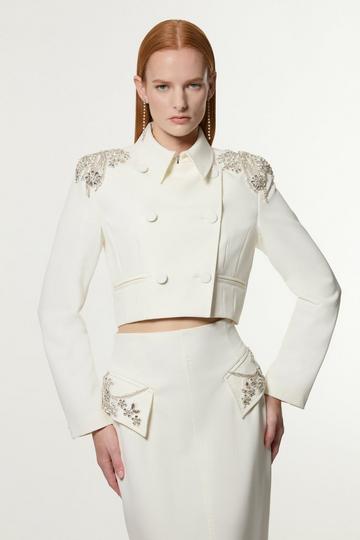 Crystal Embellished Tailored Double Breast Jacket ivory