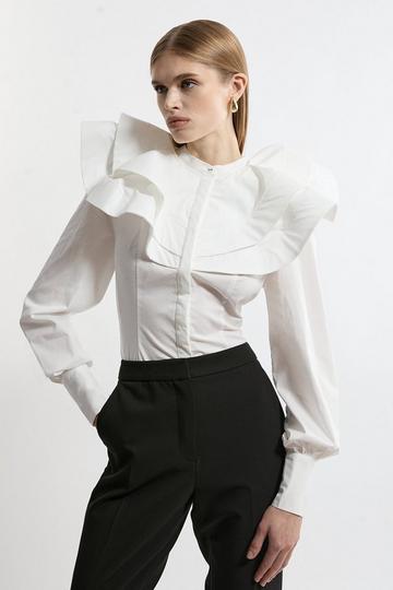 White Lydia Millen Tall High Neck Ruffle Woven Cotton Shirt