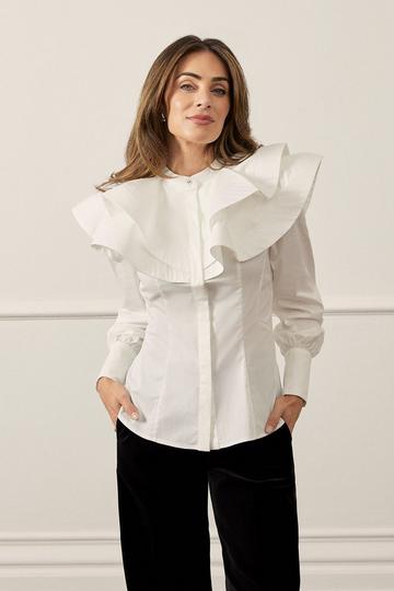 Lydia Millen High Neck Ruffle Woven Cotton Shirt white