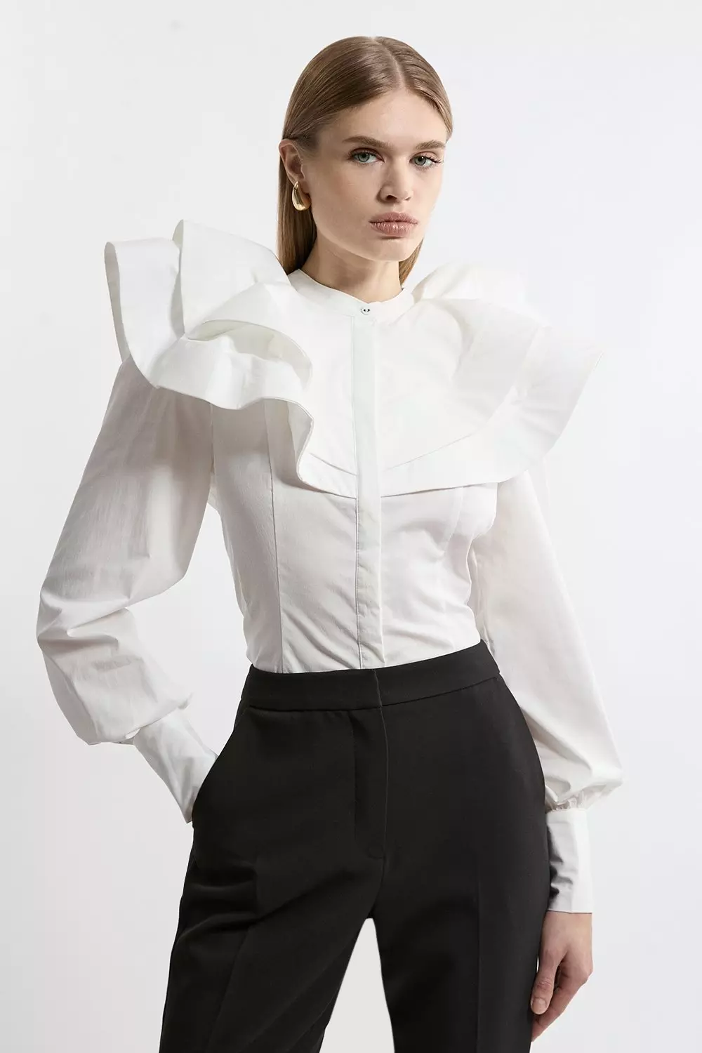 Lydia Millen High Neck Ruffle Woven Cotton Shirt | Karen Millen