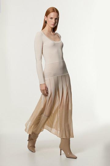 Slinky Knit Scooped Neck Sheer Detail Maxi Dress ivory