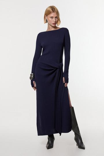 Petite Wool Tencel Ribbed Knit Tie Detail Maxi Dress navy