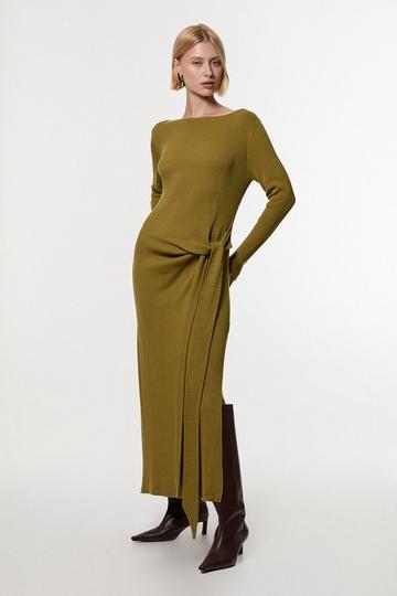 Wool Tencel Ribbed Knit Tie Detail Midaxi Dress green