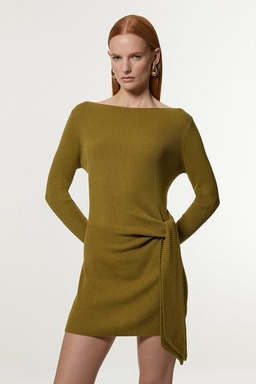 Wool Tencel Ribbed Knit Tie Detail Tunic green