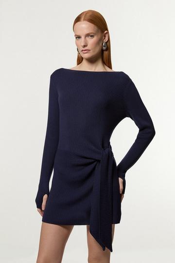 Wool Tencel Ribbed Knit Tie Detail Tunic navy