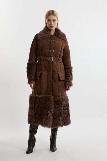 Brown Shearling And Suede Mix Trim Detail Coat