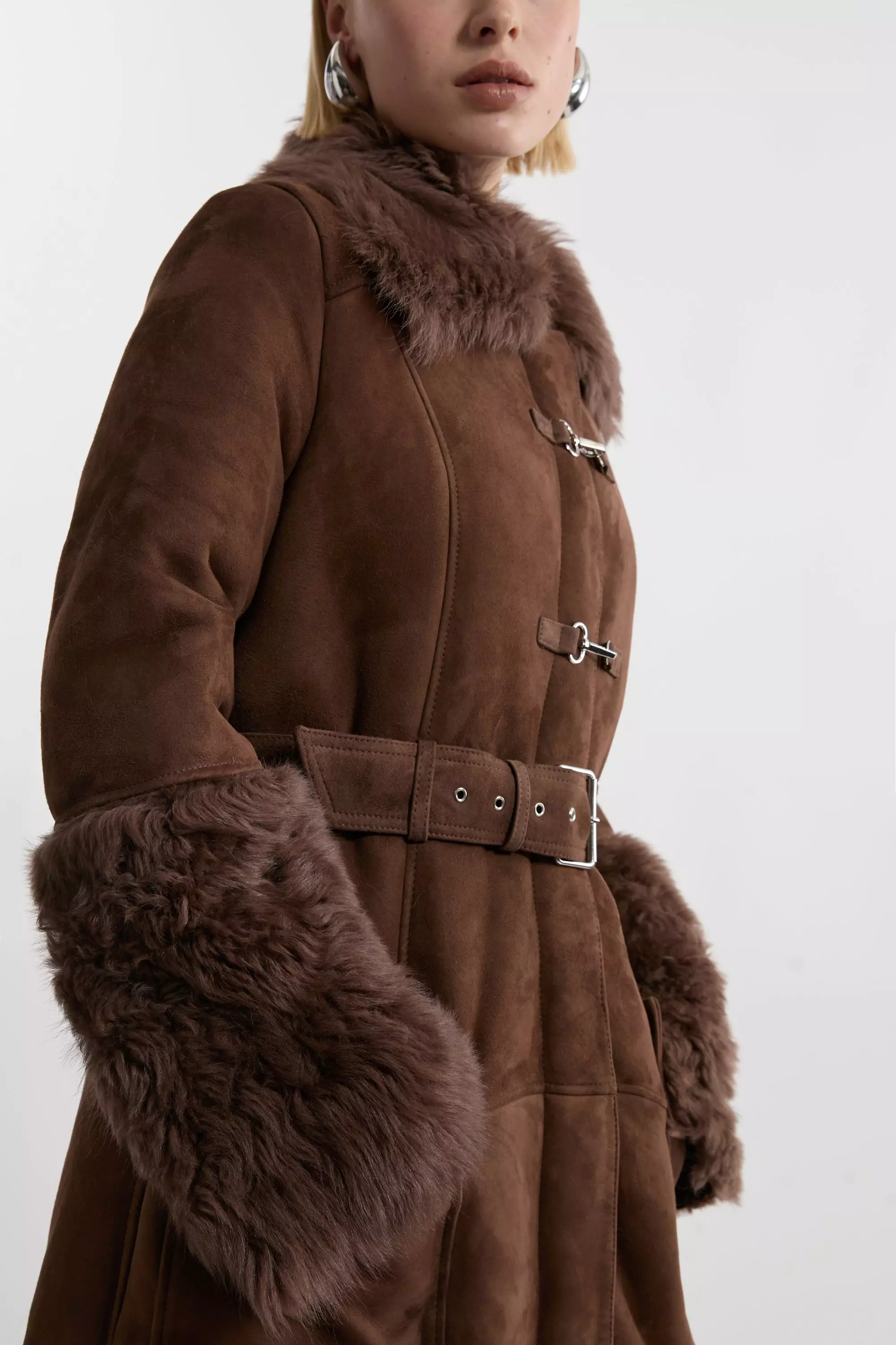 Shearling And Suede Mix Trim Detail Coat | Karen Millen