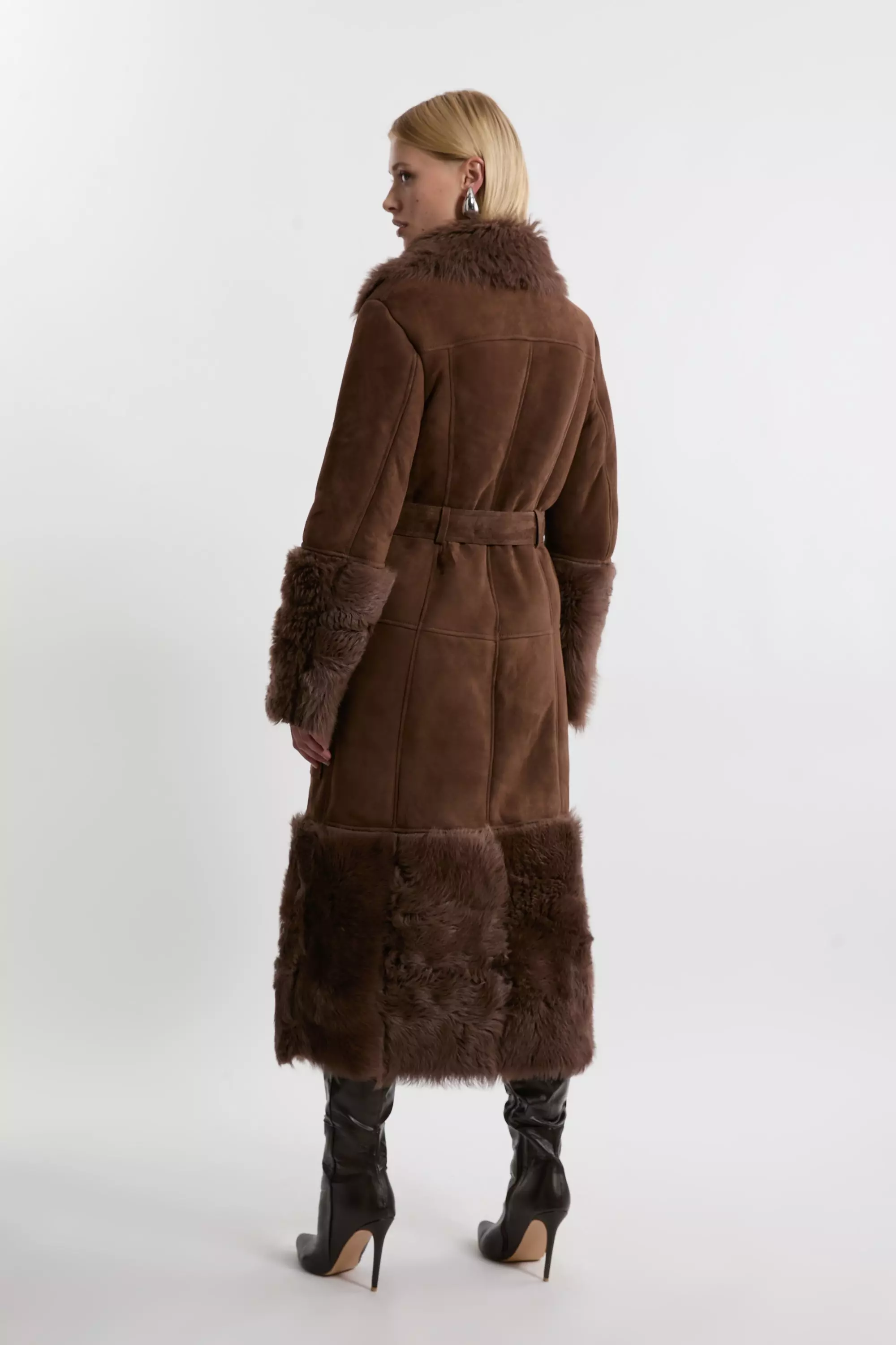 Shearling And Suede Mix Trim Detail Coat | Karen Millen