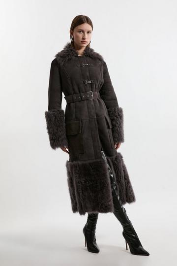 Grey Shearling And Suede Mix Trim Detail Coat