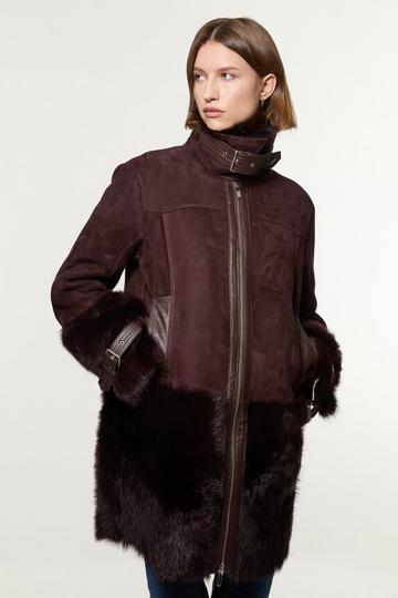 Shearling Longline Avaitor Coat plum