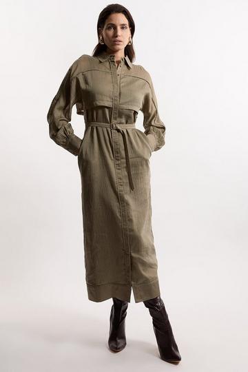 Slub Organdie Woven Utility Midi Dress With Button Sleeve Detail khaki