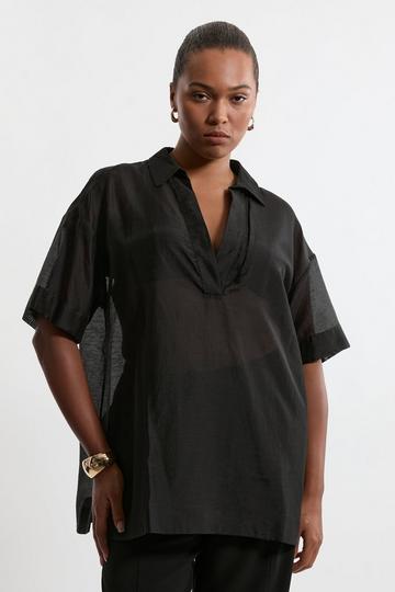 Plus Size Short Sleeve Boxy Slub Woven Shirt black