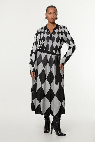 Plus Size Slinky Knit Mono Jacquard Belted Maxi Dress mono