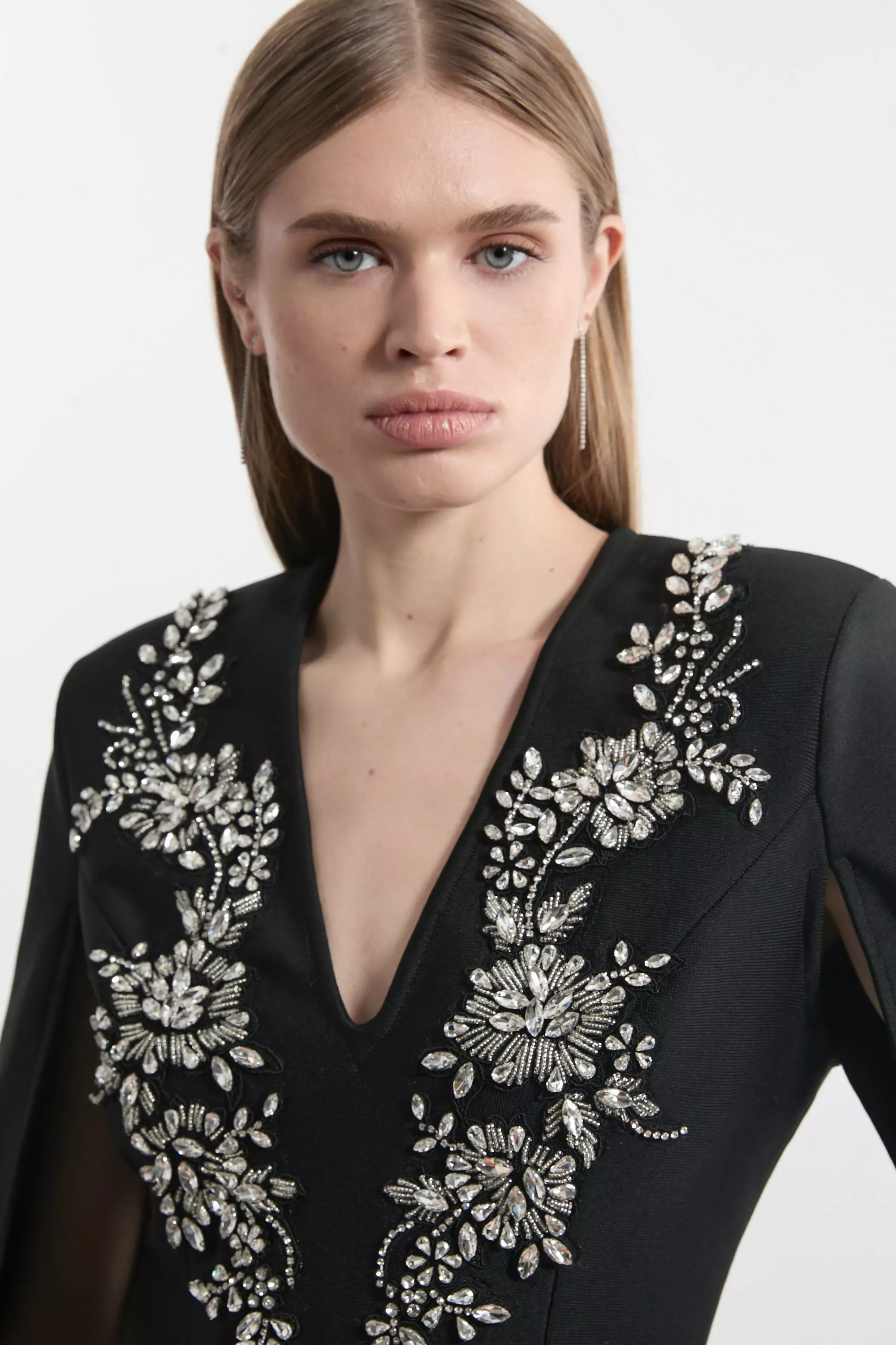 Bandage Form Fitting Cape Sleeve Embellished Mini Dress