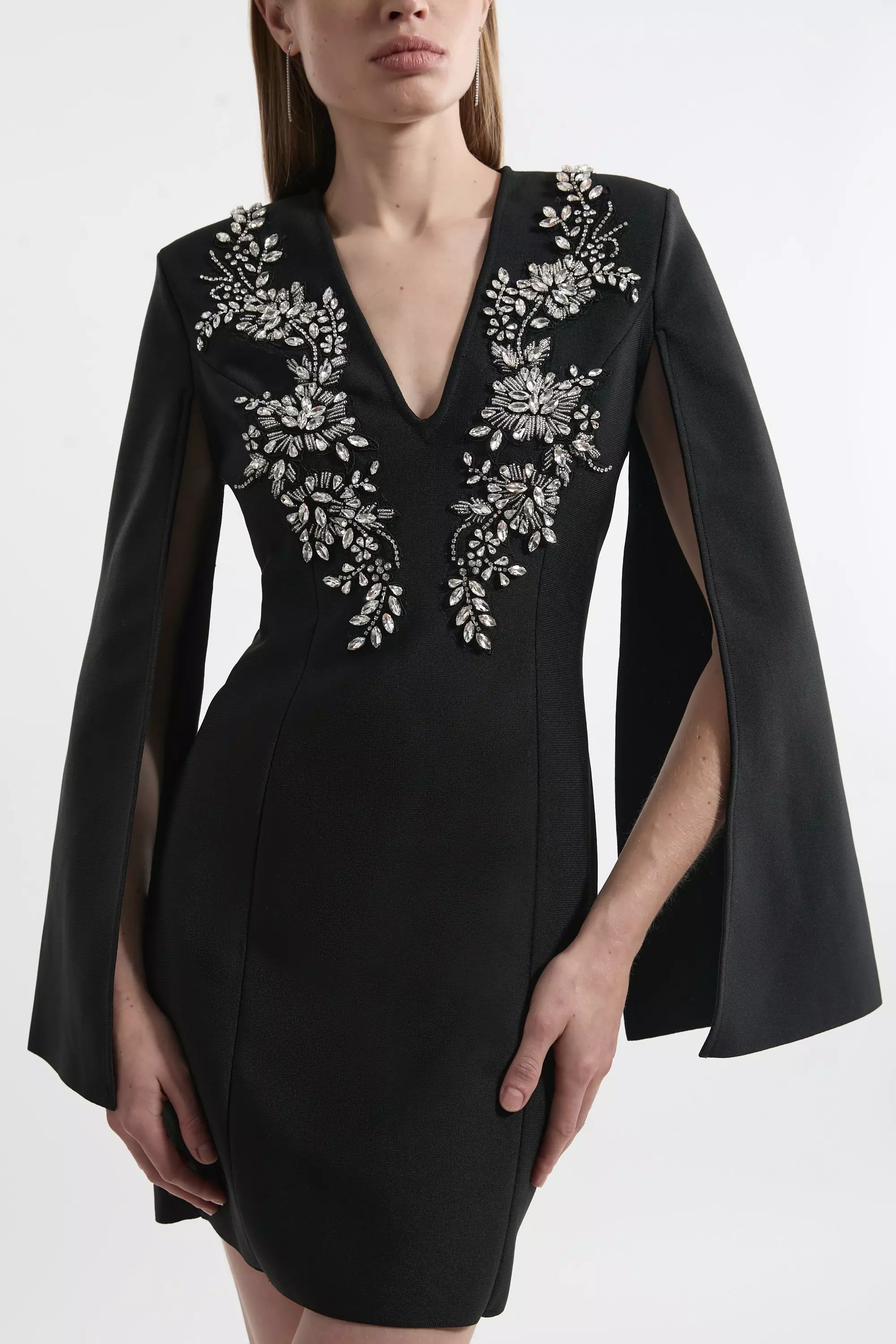 Bandage Form Fitting Cape Sleeve Embellished Mini Dress