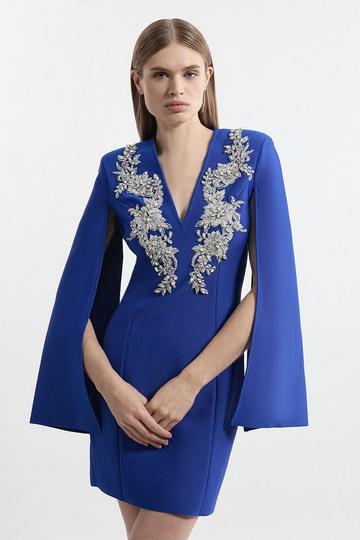 Bandage Form Fitting Cape Sleeve Embellished Mini Dress cobalt