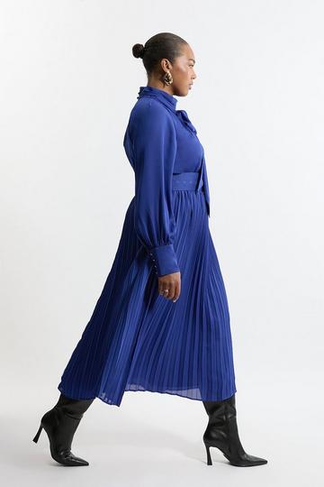 Plus Size Pleated Woven Belted Tie Neck Midaxi Shirt Dress true blue