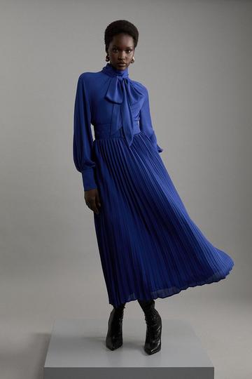 Pleated Woven Belted Tie Neck Midaxi Shirt Dress true blue