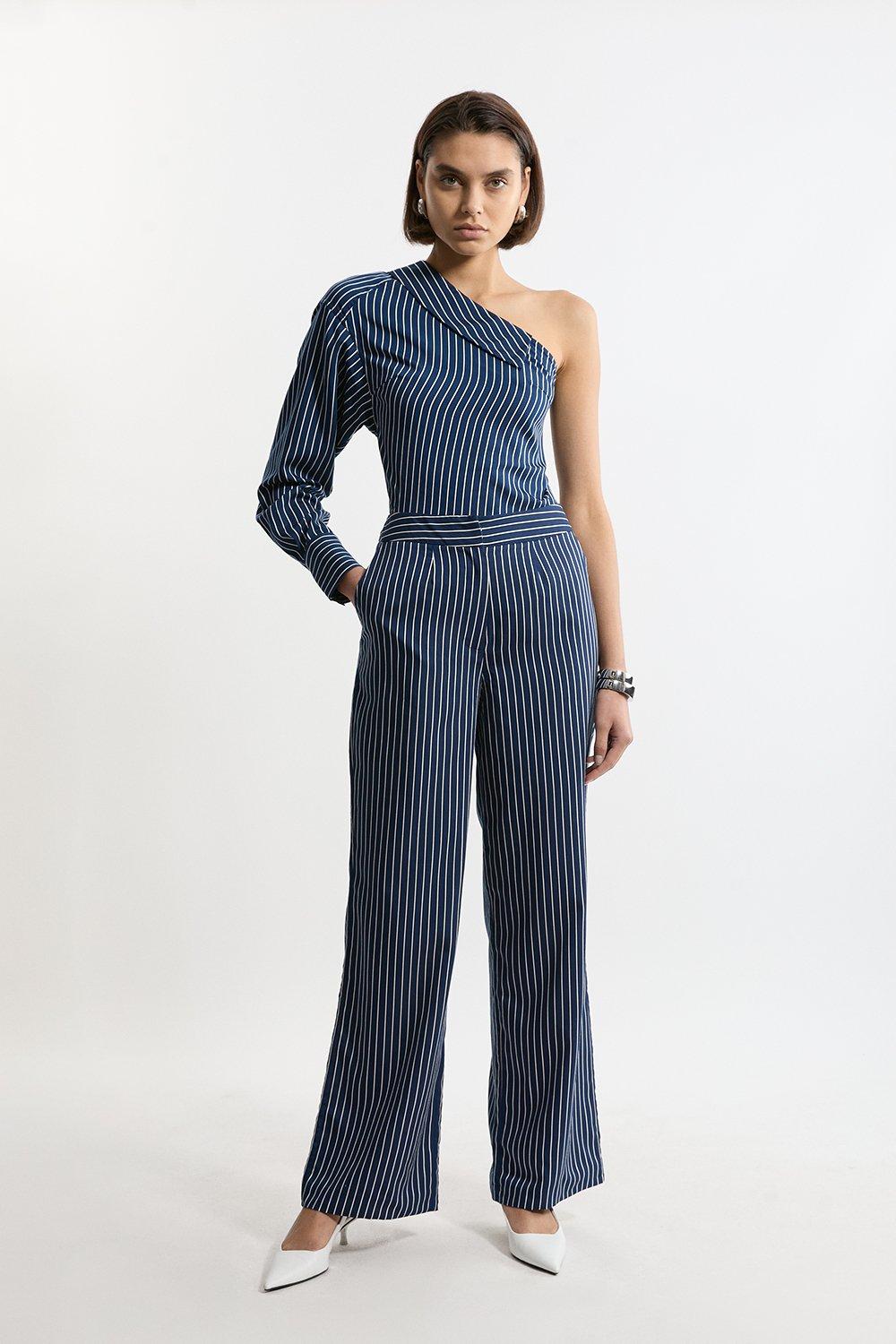 Stripe Striped Twill Wide Leg Woven Trouser