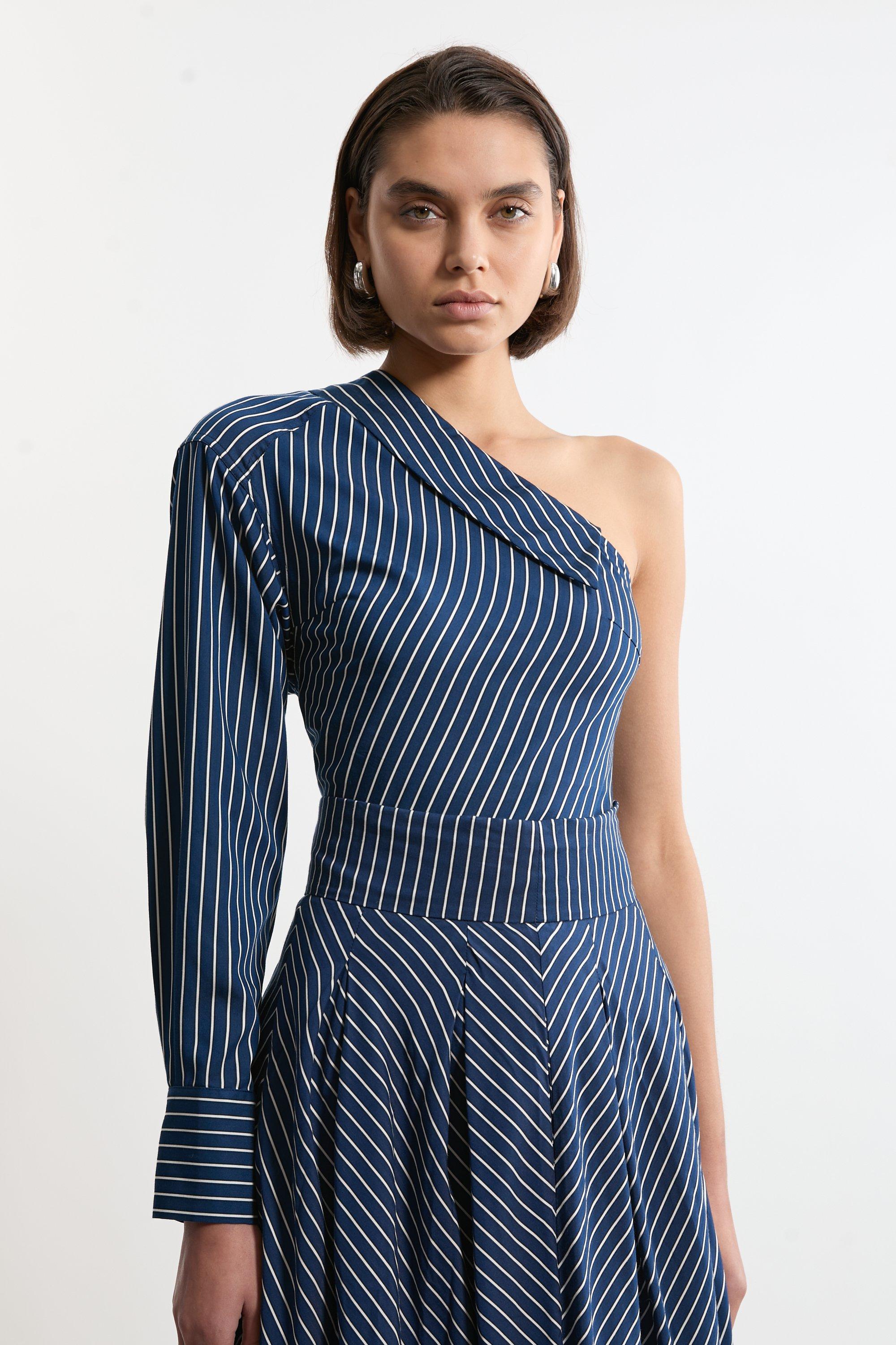 Stripe Asymmetric Cotton Striped Woven Long Sleeved Shirt 