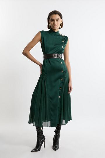 Tall Top Stitch Satin Georgette Strong Shoulder Midi Dress forest