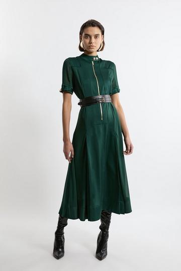 Top Stitch Viscose Satin Zip Front Woven Dress With PU Belt forest