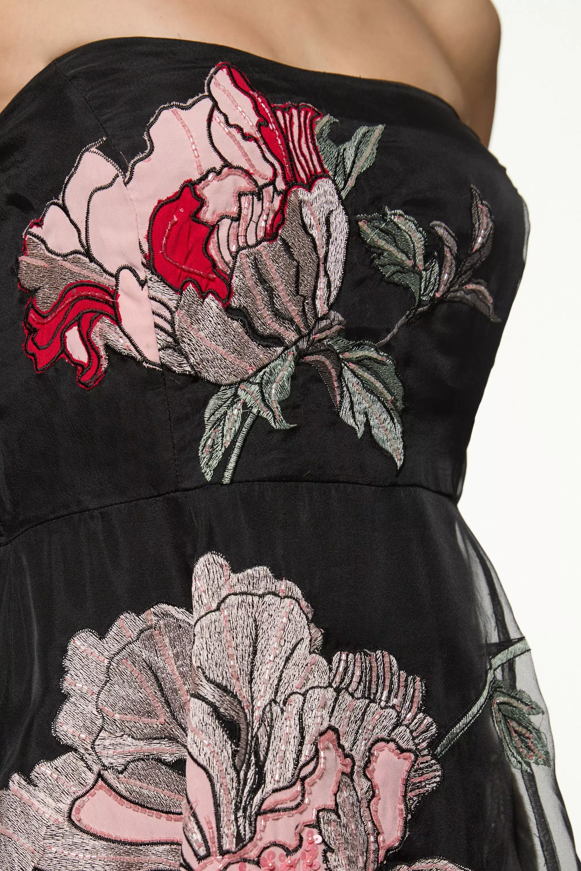 Applique And Embroidered Organdie Woven Maxi Bandeau Dress