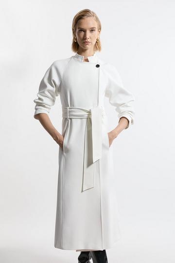 Compact Stretch Belted Tailored Midi Coat ivory