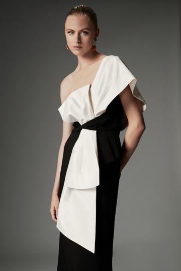 Archive Collection - Bow Detail One Shoulder Crepe Woven Midi Dress mono