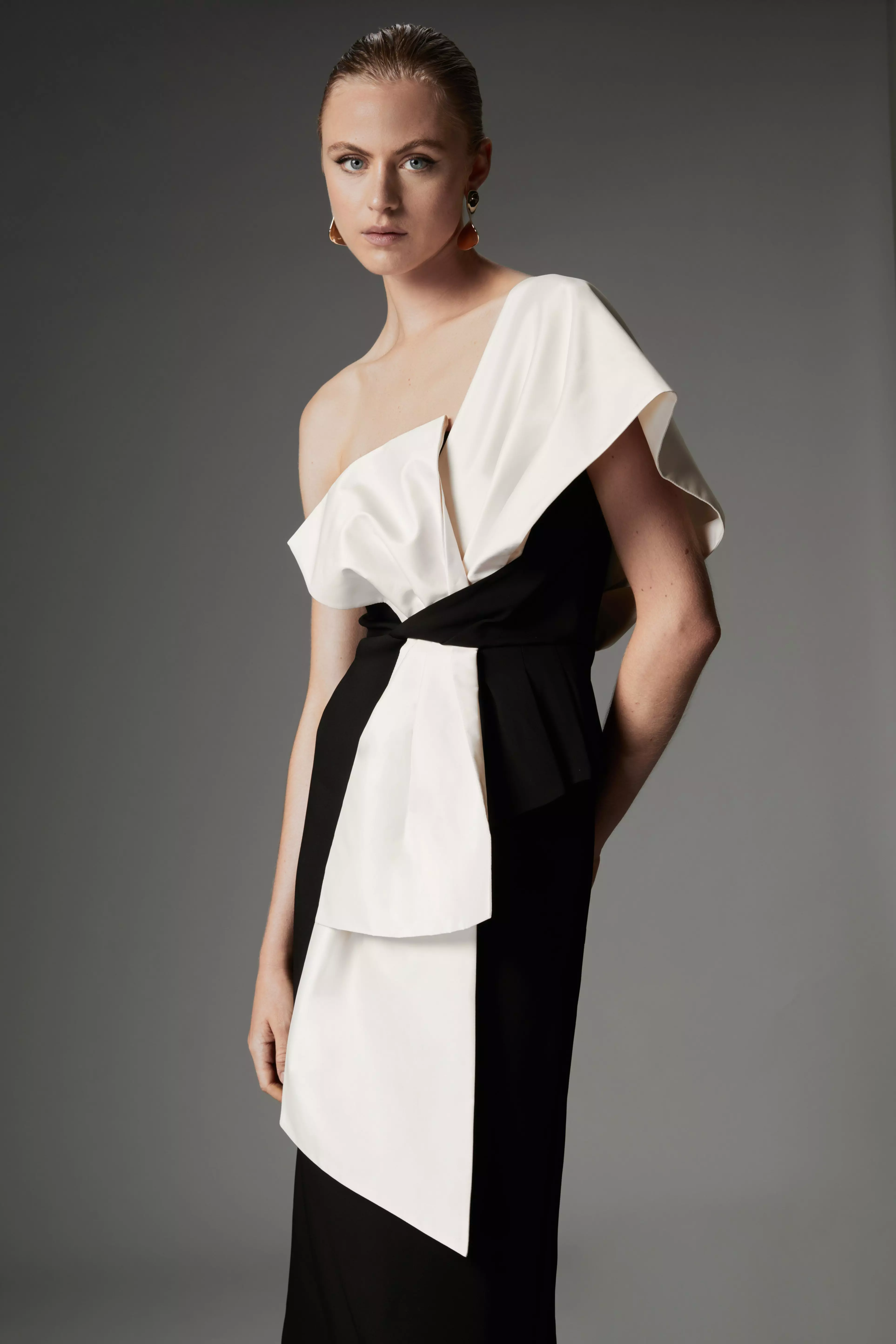 Archive Collection Bow Detail One Shoulder Crepe Woven Midi Dress Karen Millen