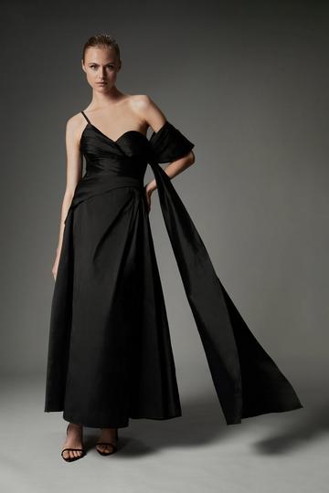 Archive Collection - Petite Taffeta Draped Shoulder Midi Prom Dress black