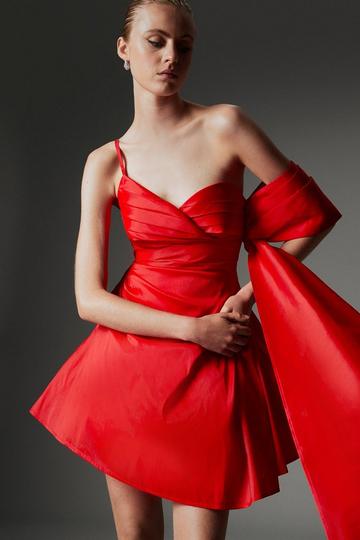 Archive Collection - Petite Taffeta Draped Shoulder Mini Dress red