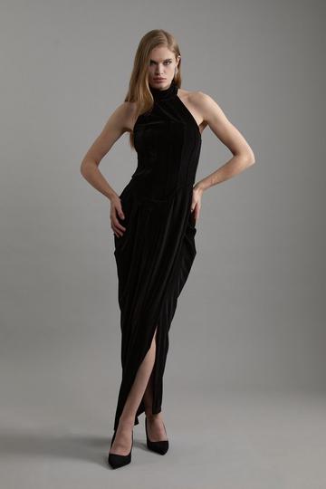 Tall Tailored Velvet Halter Neck Maxi Dress black