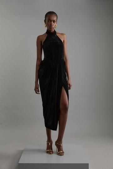 Black Tailored Velvet Halter Neck Maxi Dress