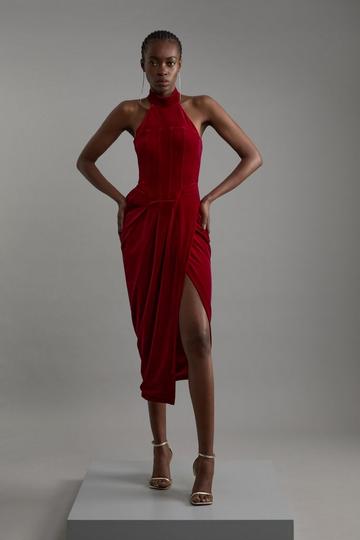 Tailored Velvet Halter Neck Maxi Dress red