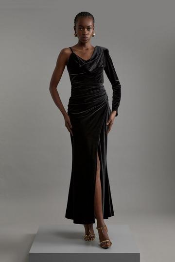 Black Velvet Asymmetric One Shoulder Tailored Maxi Dress